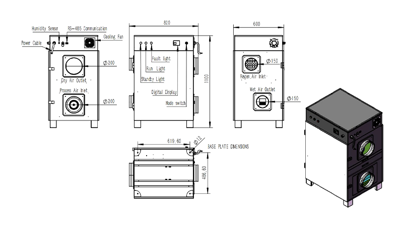 MCH-1000XF-01 Rotary Dehumidifier Overall Assembly Dimensions