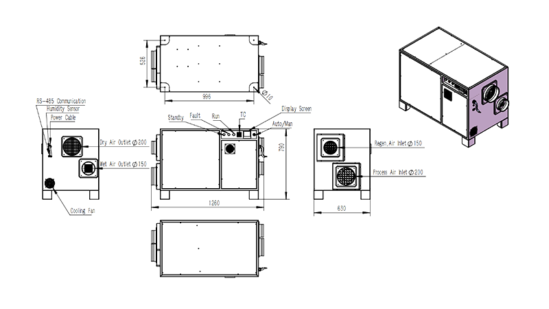 MCH-1000XF-02 Rotary Dehumidifier Overall Assembly Dimensions