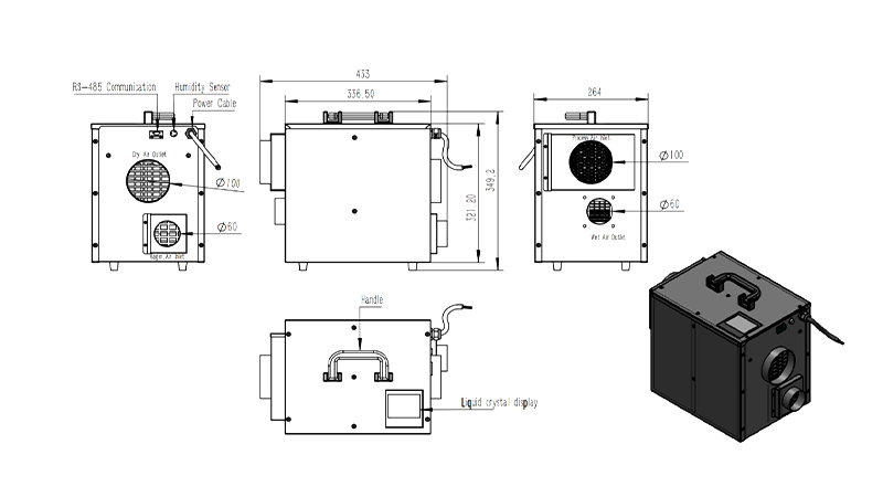 MCH-100XF-01 Rotary Dehumidifier Overall Assembly Dimensions