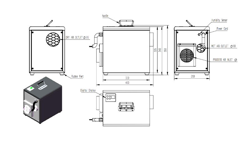 MCH-100XF-02 Rotary Dehumidifier Overall Assembly Dimensions