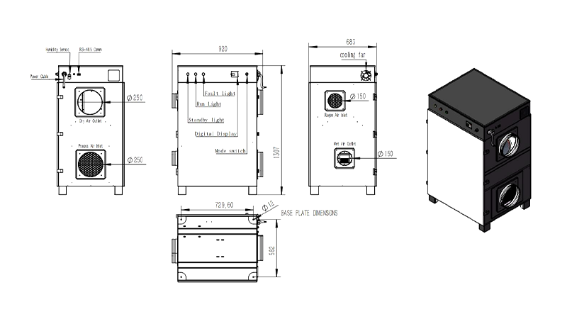 MCH-1500XF-01 Rotary Dehumidifier Overall Assembly Dimensions