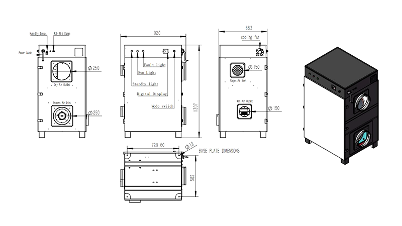 MCH-2000XF-01 Rotary Dehumidifier Overall Assembly Dimensions