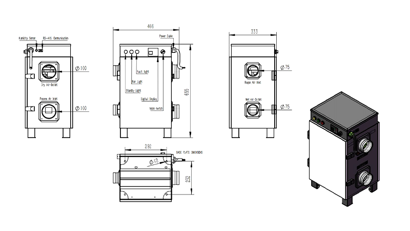 MCH-200XF-01 Rotary Dehumidifier Overall Assembly Dimensions