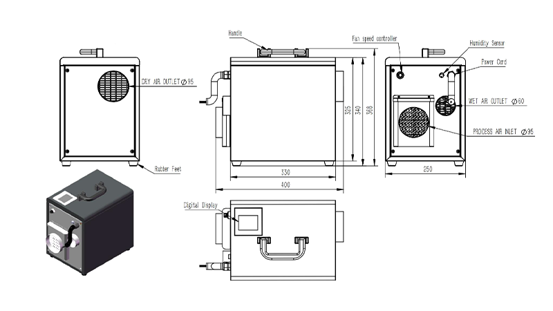 MCH-200XF-02 Rotary Dehumidifier Overall Assembly Dimensions