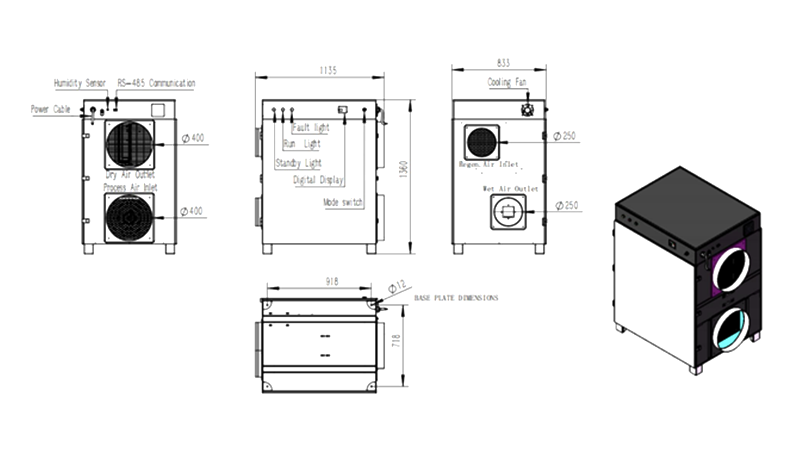 MCH-2500XF-01 Rotary Dehumidifier Overall Assembly Dimensions