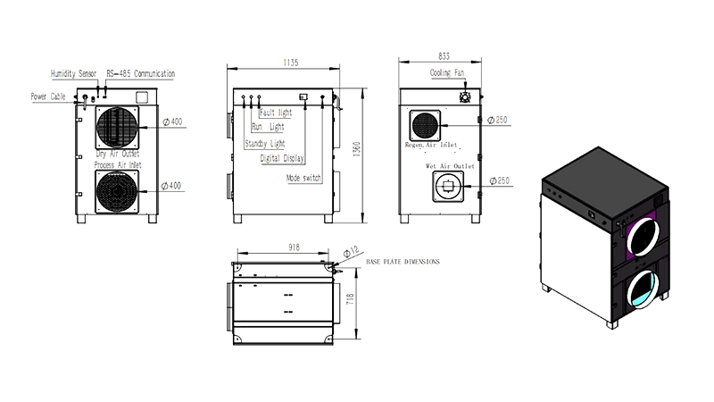MCH-3000XF-01 Rotary Dehumidifier Overall Assembly Dimensions