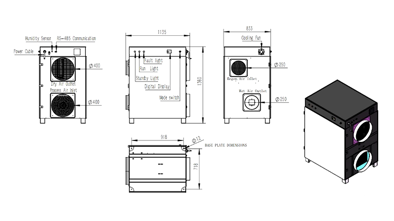 MCH-3500XF-01 Rotary Dehumidifier Overall Assembly Dimensions