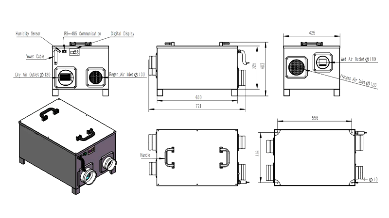 MCH-350XF-02 Rotary Dehumidifier Overall Assembly Dimensions