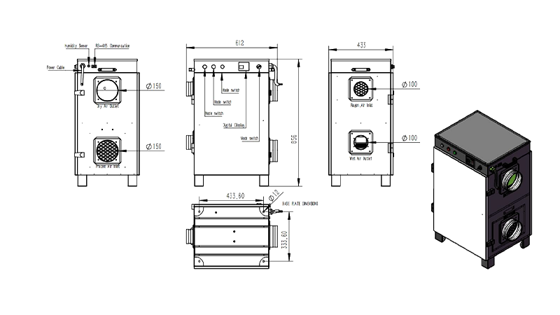 MCH-600XF-01 Rotary Dehumidifier Overall Assembly Dimensions