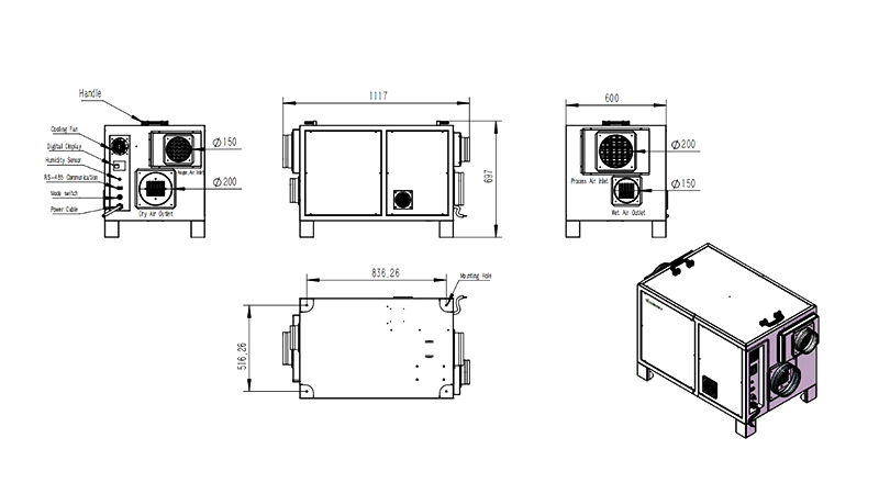 MCH-750XF-01 Rotary Dehumidifier Overall Assembly Dimensions