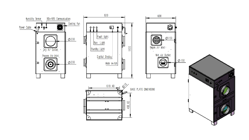 MCH-800XF-01 Rotary Dehumidifier Overall Assembly Dimensions